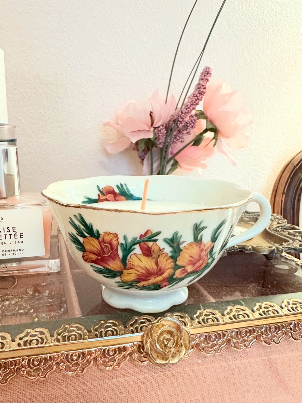 Vintage Floral Teacup Candle - Pink and Yellow Home Art